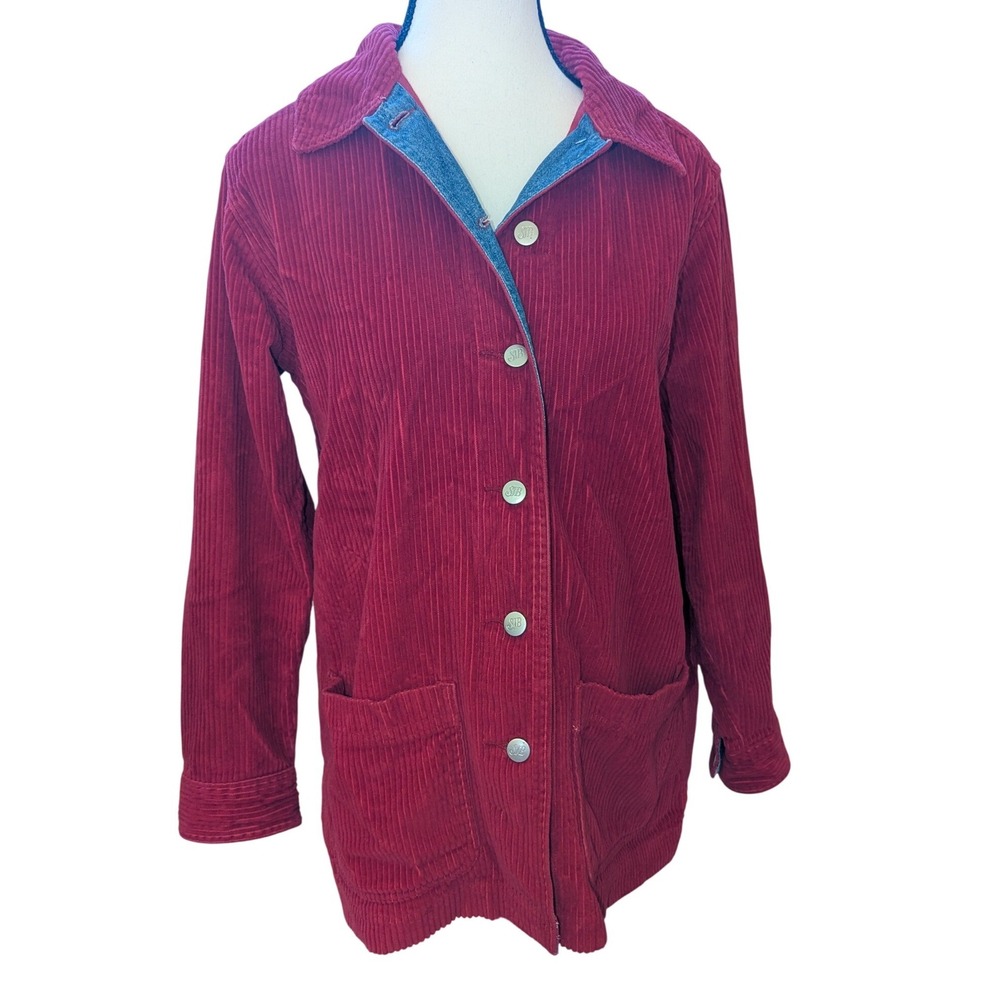 St Johns Bay Red Corduroy Barn Jacket Denim‎ Trim Petite Small Cotton Coat